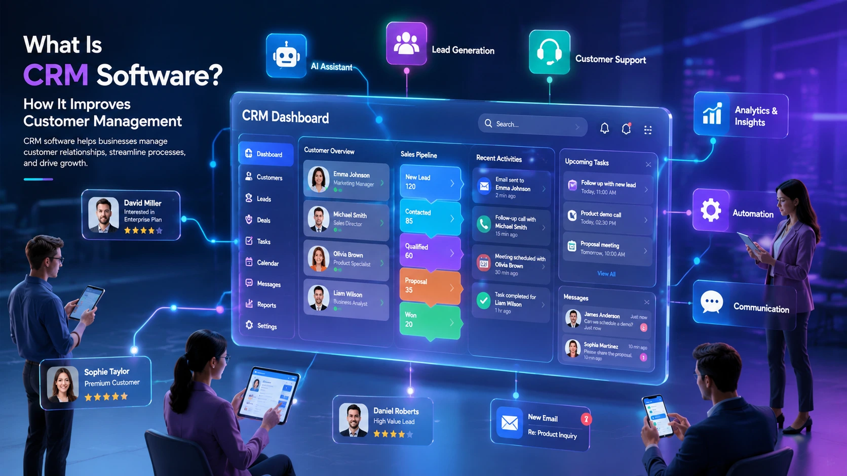 CRM software dashboard with customer management, sales pipeline, analytics, and AI automation in a 3D illustration.