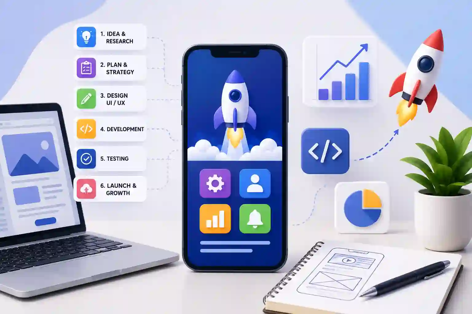 mobile app development process for startups with UI design, coding and app launch illustration