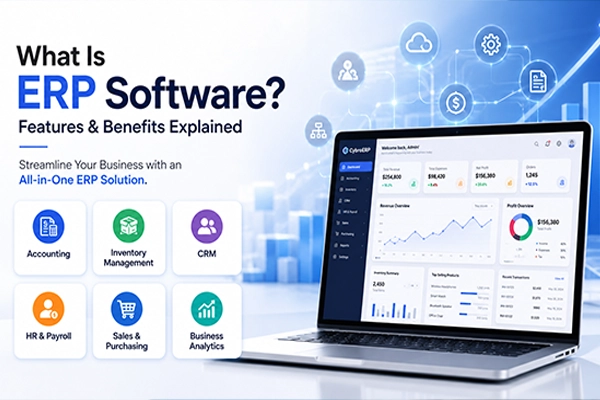 ERP software dashboard illustrating accounting, inventory management, CRM, HR, sales, purchasing, and business analytics for business automation